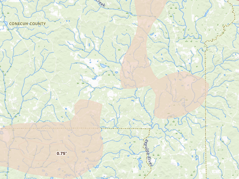 Radar-estimated hail-size map of the storm over Evergreen, AL on Jul 10, 2026