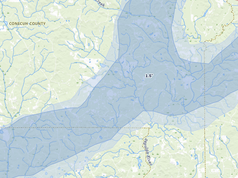NEXRAD radar-signature map of the hail storm over Evergreen, AL on Jul 10, 2026