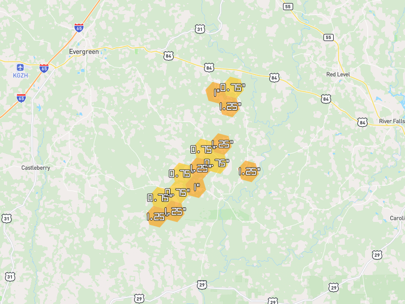 Hail map of Evergreen, AL on Jul 10, 2026, hail up to 1.25"