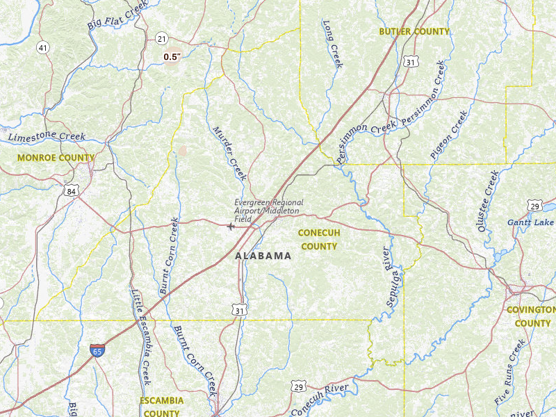 Radar-estimated hail-size map of the storm over Evergreen, AL on Jul 18, 2026
