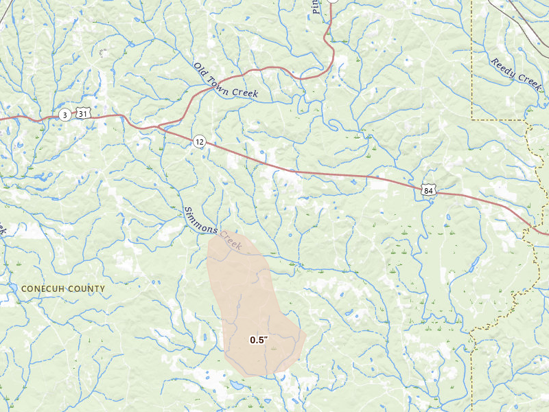 Radar-estimated hail-size map of the storm over Evergreen, AL on Aug 14, 2026