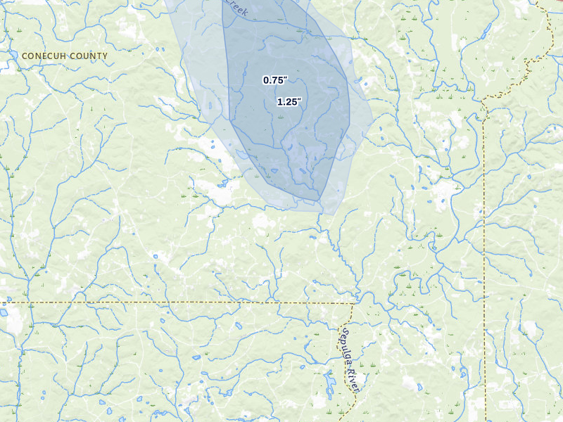 NEXRAD radar-signature map of the hail storm over Evergreen, AL on Aug 14, 2026
