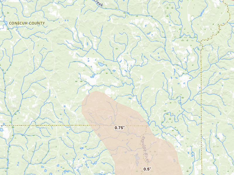 Radar-estimated hail-size map of the storm over Evergreen, AL on Aug 18, 2026