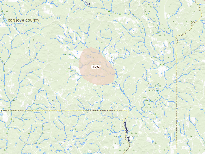 Radar-estimated hail-size map of the storm over Evergreen, AL on Aug 21, 2026