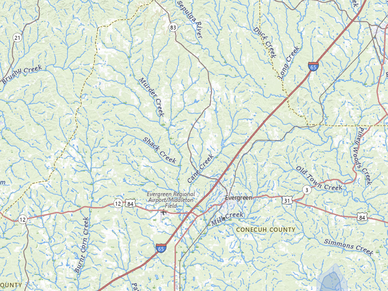 NEXRAD radar-signature map of the hail storm over Evergreen, AL on Aug 21, 2026