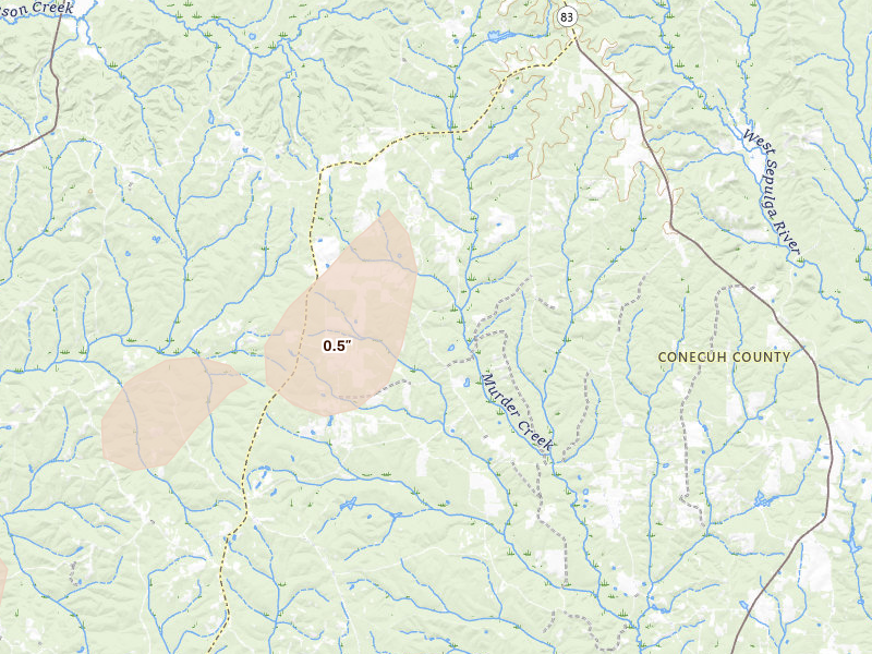 Radar-estimated hail-size map of the storm over Evergreen, AL