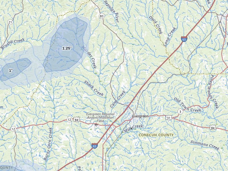 NEXRAD radar-signature map of the hail storm over Evergreen, AL on Sep 6, 2026