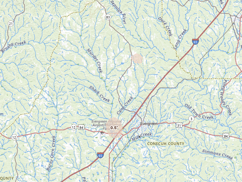 Radar-estimated hail-size map of the storm over Evergreen, AL