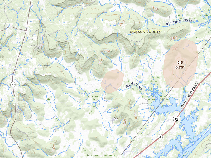 Radar-estimated hail-size map of the storm over Fackler, AL on Apr 27, 2026
