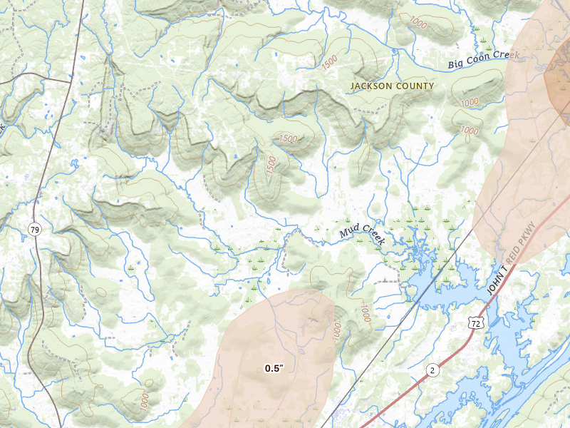 Radar-estimated hail-size map of the storm over Fackler, AL on Jul 3, 2026