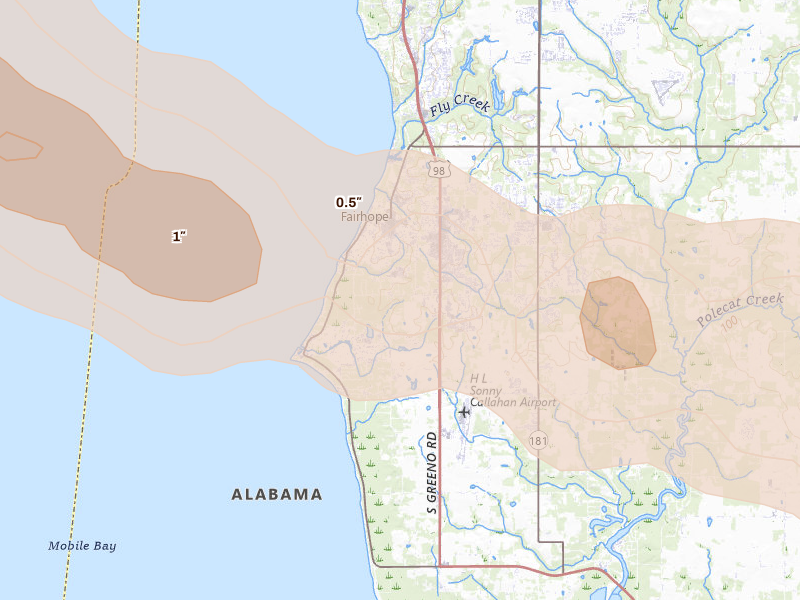 Radar-estimated hail-size map of the storm over Fairhope, AL on May 7, 2026