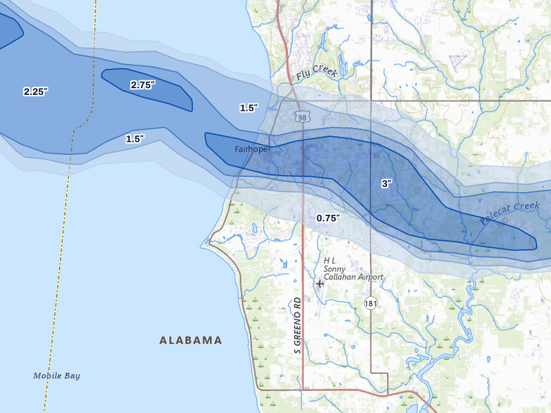 NEXRAD radar-signature map of the hail storm over Fairhope, AL on May 7, 2026