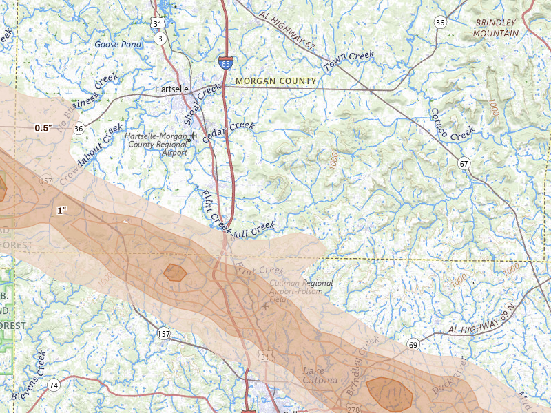 Radar-estimated hail-size map of the storm over Falkville, AL on Feb 26, 2026