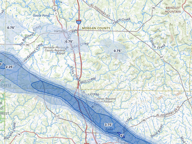 NEXRAD radar-signature map of the hail over Falkville, AL
