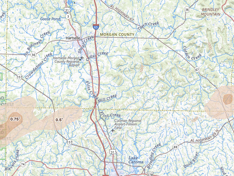 Radar-estimated hail-size map of the storm over Falkville, AL on Jul 1, 2026