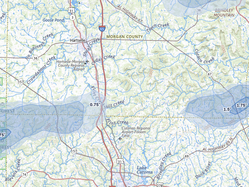 NEXRAD radar-signature map of the hail over Falkville, AL