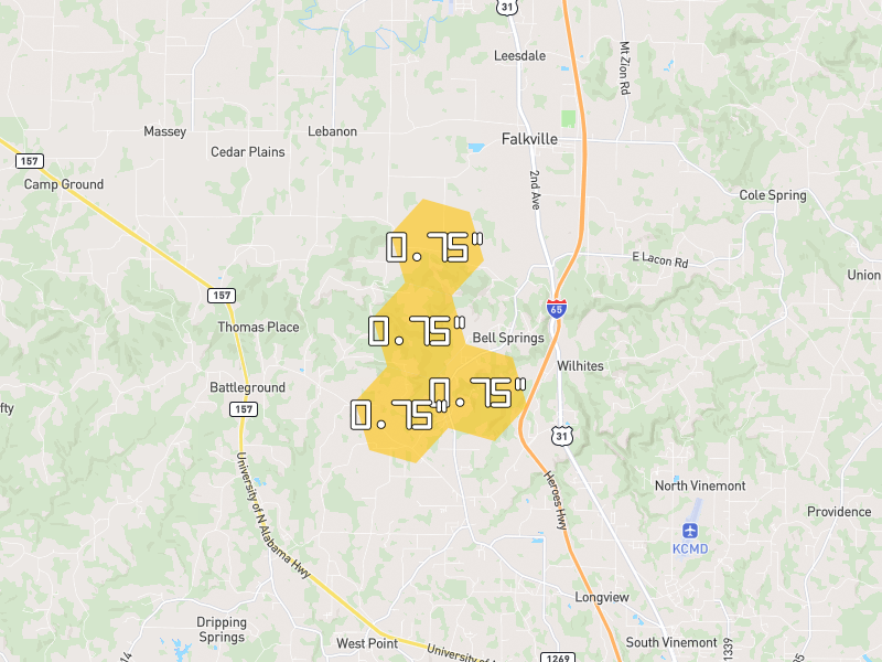 Hail map of Falkville, AL on Jul 1, 2026, hail up to 0.75"