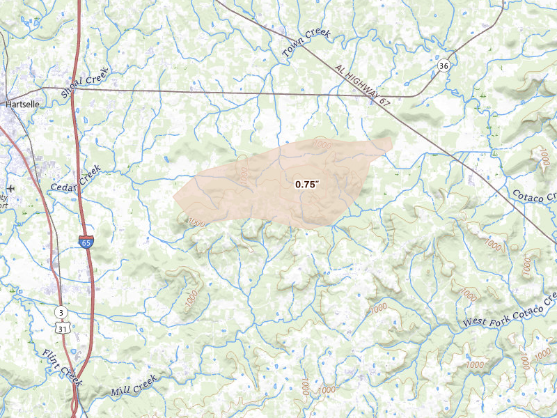 Radar-estimated hail-size map of the storm over Falkville, AL on Aug 17, 2026