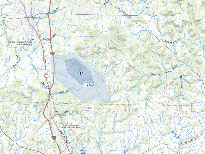 NEXRAD radar-signature map of the hail storm over Falkville, AL on Sep 12, 2026