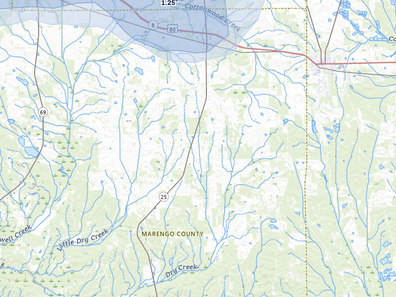 NEXRAD radar-signature map of the hail storm over Faunsdale, AL on Apr 28, 2026