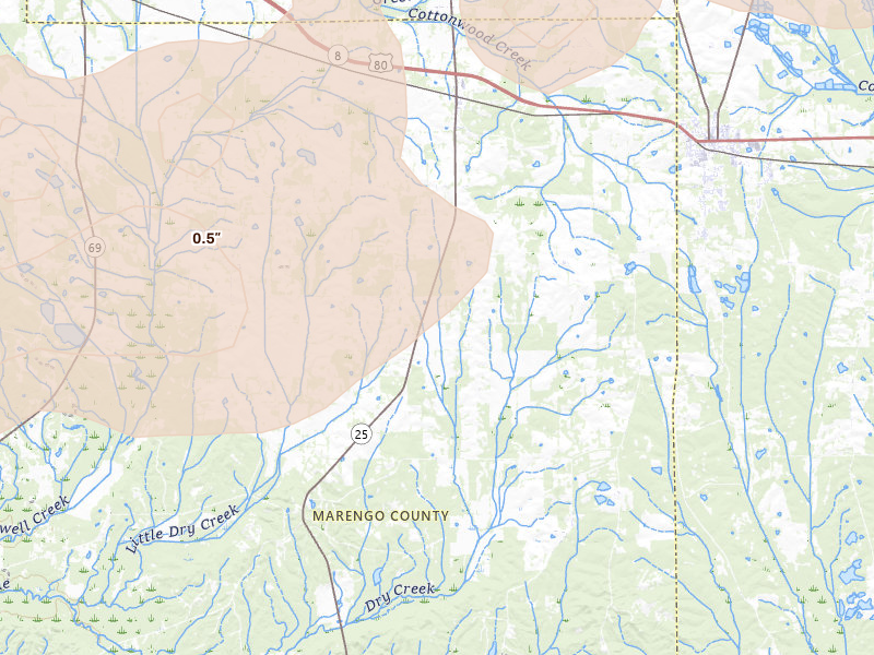 Radar-estimated hail-size map of the storm over Faunsdale, AL on May 6, 2026