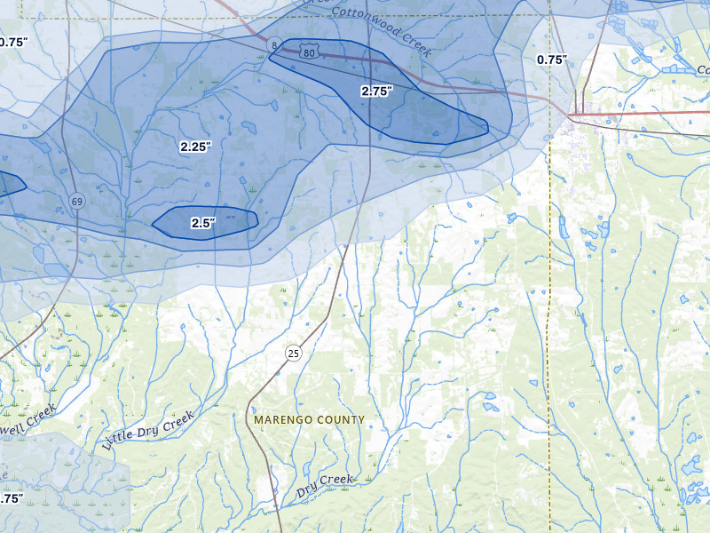 NEXRAD radar-signature map of the hail storm over Faunsdale, AL on May 6, 2026