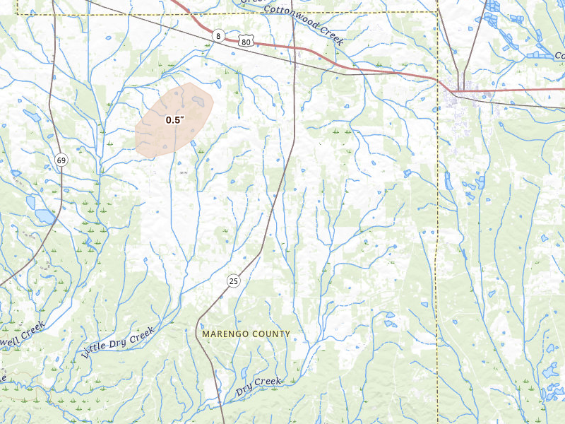 Radar-estimated hail-size map of the storm over Faunsdale, AL on Jul 4, 2026