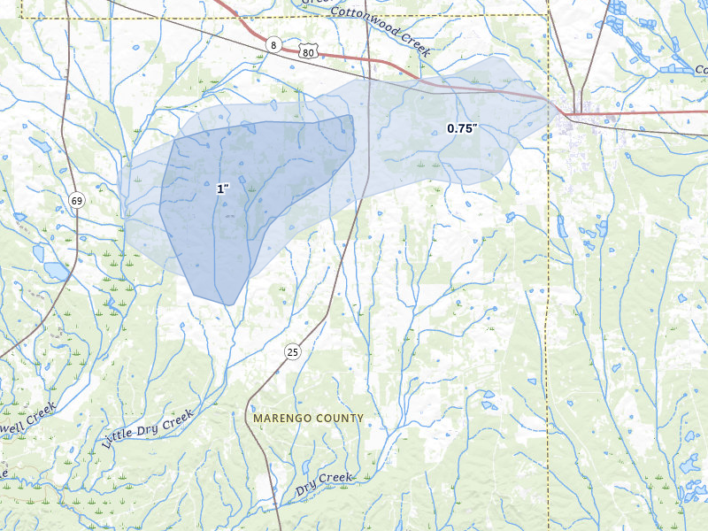 NEXRAD radar-signature map of the hail over Faunsdale, AL