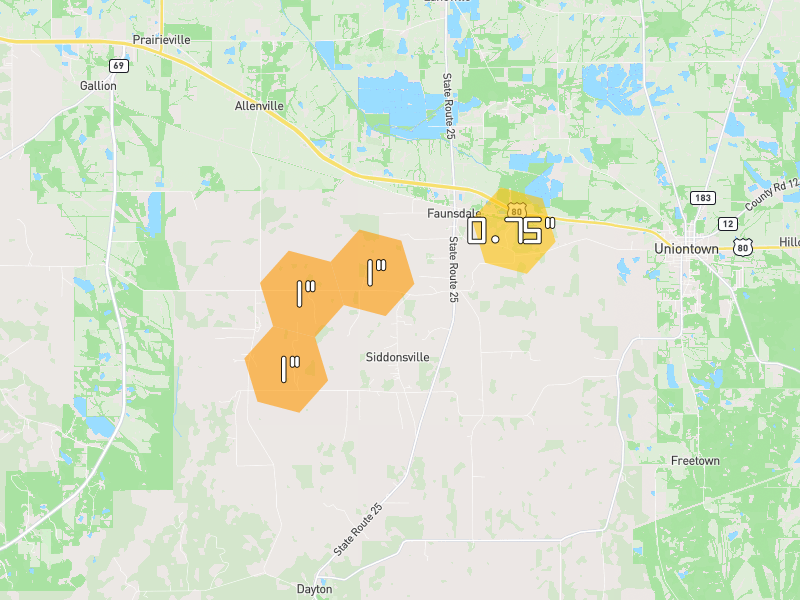 Hail map of Faunsdale, AL on Jul 5, 2026, hail up to 1"