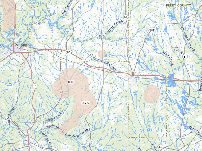 Radar-estimated hail-size map of the storm over Faunsdale, AL on Aug 19, 2026