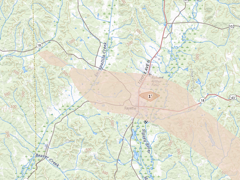 Radar-estimated hail-size map of the storm over Fayette, AL