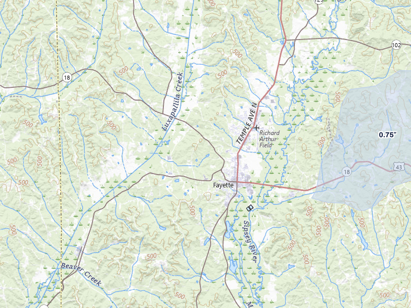 NEXRAD radar-signature map of the hail storm over Fayette, AL on Apr 1, 2026