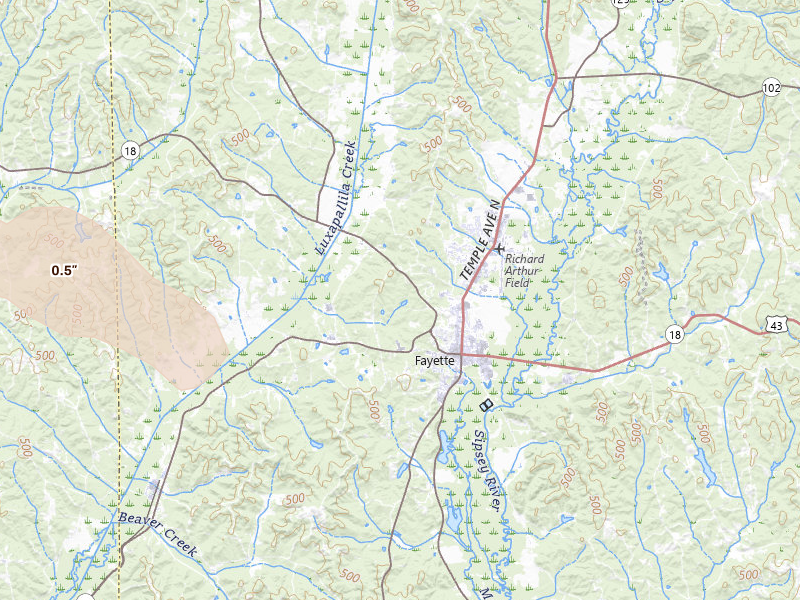 Radar-estimated hail-size map of the storm over Fayette, AL on Apr 28, 2026