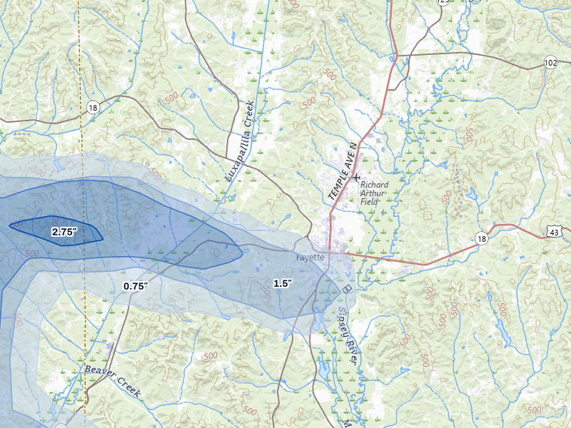 NEXRAD radar-signature map of the hail storm over Fayette, AL on Apr 28, 2026