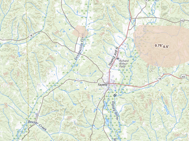 Radar-estimated hail-size map of the storm over Fayette, AL on Jun 1, 2026