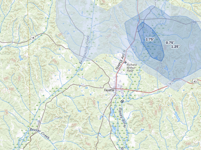 NEXRAD radar-signature map of the hail storm over Fayette, AL on Jun 1, 2026