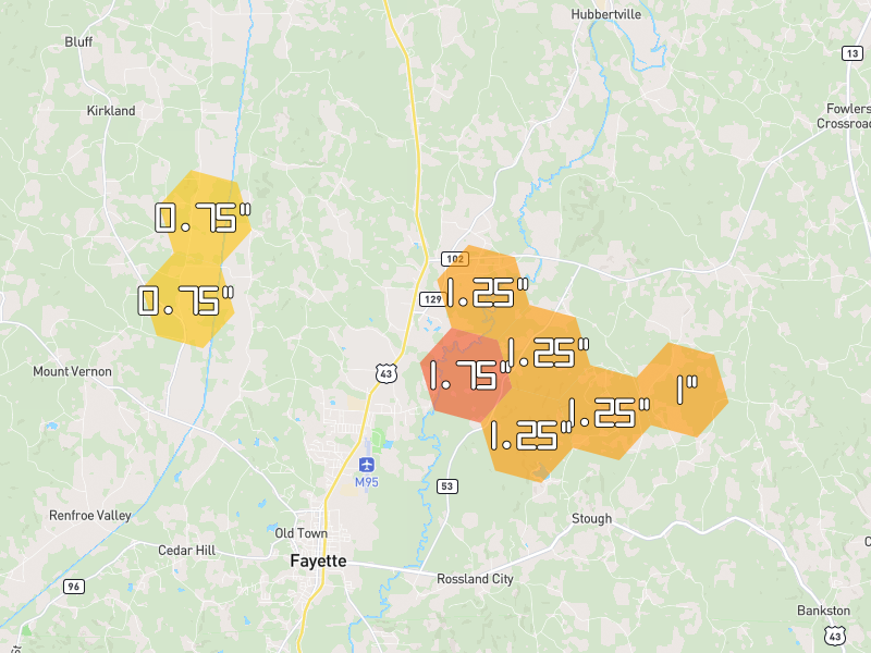 Hail map of Fayette, AL on Jun 1, 2026, hail up to 1.75"