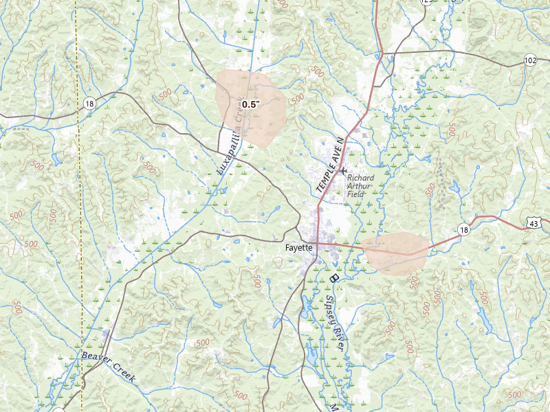 Radar-estimated hail-size map of the storm over Fayette, AL on Jul 1, 2026
