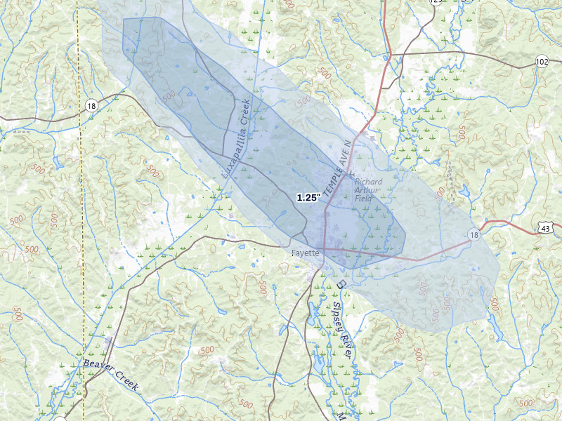 NEXRAD radar-signature map of the hail storm over Fayette, AL on Jul 1, 2026