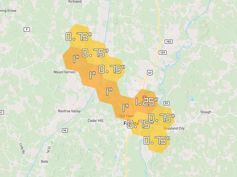 Hail map of Fayette, AL on Jul 1, 2026, hail up to 1.25"