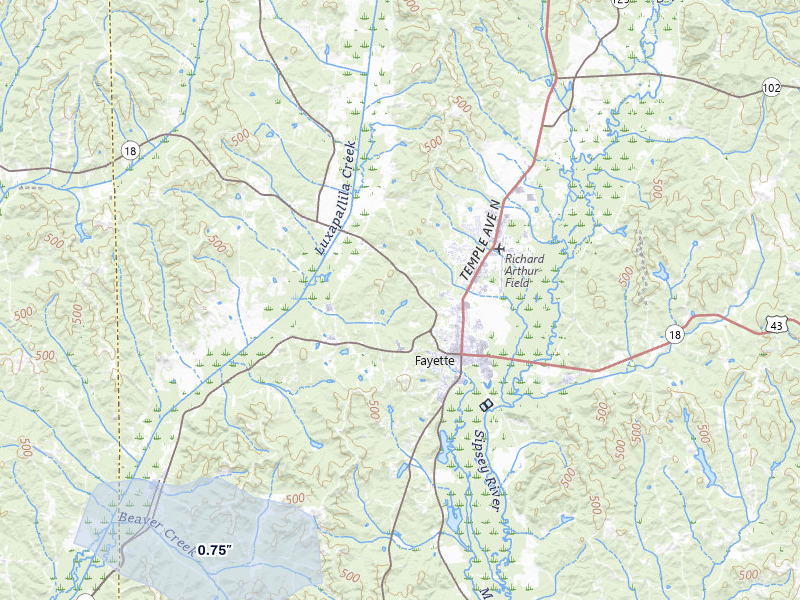 NEXRAD radar-signature map of the hail storm over Fayette, AL on Jul 9, 2026