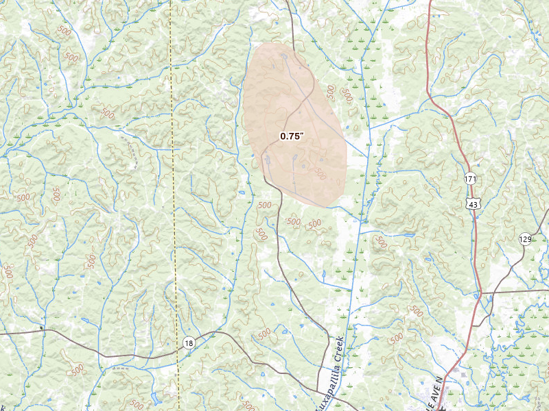 Radar-estimated hail-size map of the storm over Fayette, AL on Aug 26, 2026