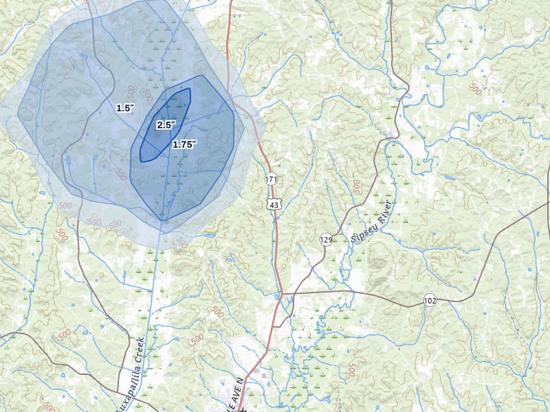 NEXRAD radar-signature map of the hail storm over Fayette, AL on Aug 26, 2026