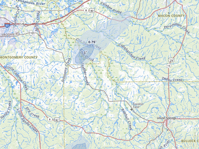 NEXRAD radar-signature map of the hail over Fitzpatrick, AL