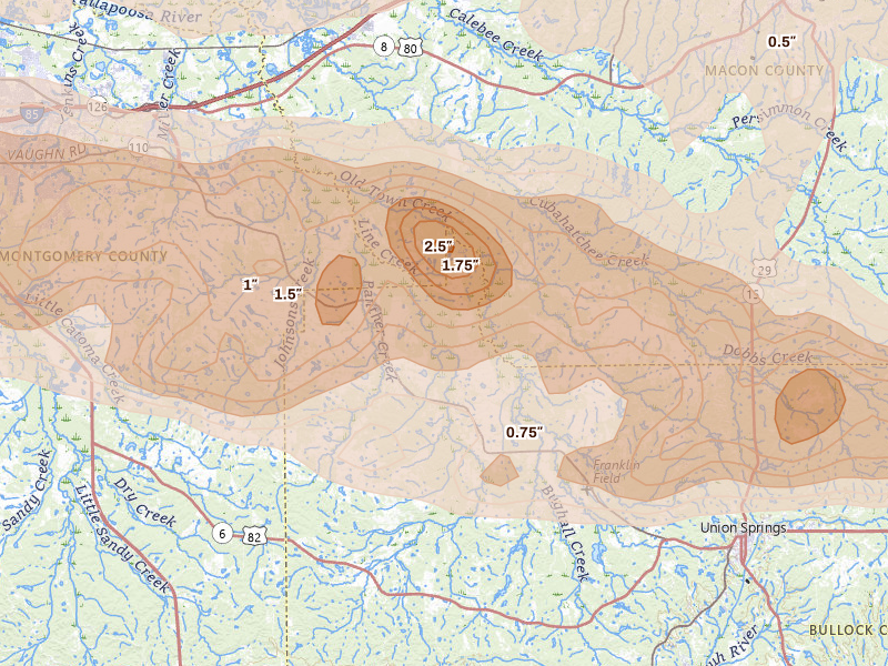 Radar-estimated hail-size map of the storm over Fitzpatrick, AL on May 6, 2026