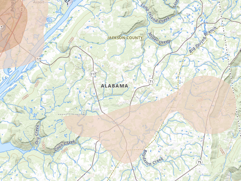 Radar-estimated hail-size map of the storm over Flat Rock, AL on Jul 3, 2026