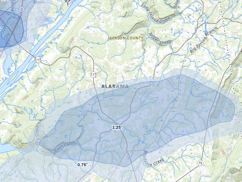 NEXRAD radar-signature map of the hail storm over Flat Rock, AL on Jul 3, 2026