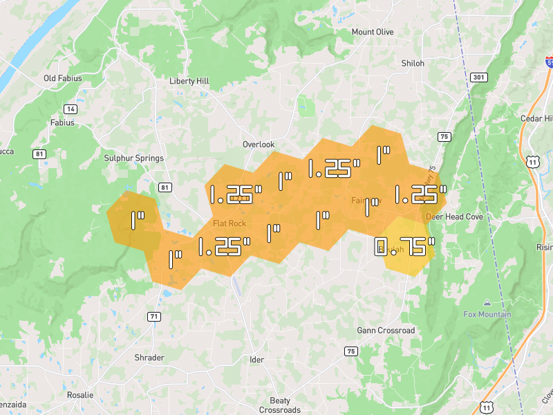 Hail map of Flat Rock, AL on Jul 3, 2026, hail up to 1.25"