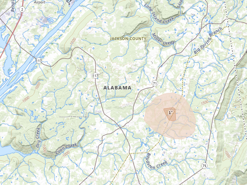 Radar-estimated hail-size map of the storm over Flat Rock, AL on Jul 19, 2026