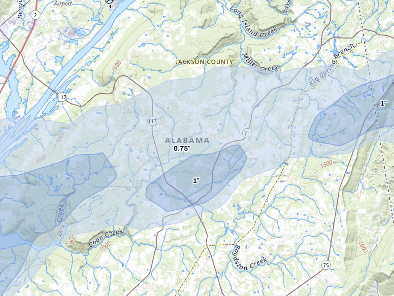 NEXRAD radar-signature map of the hail storm over Flat Rock, AL on Aug 1, 2026